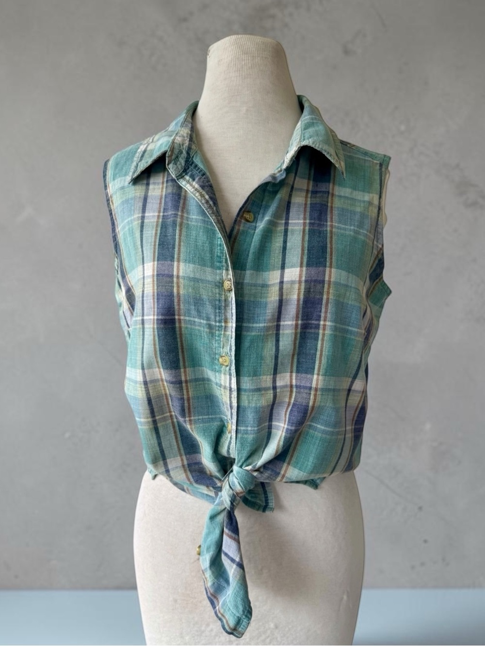 Vtg 80s Blue Plaid Madras Sleeveless Cotton Top Sz M Button Front Preppy As Is